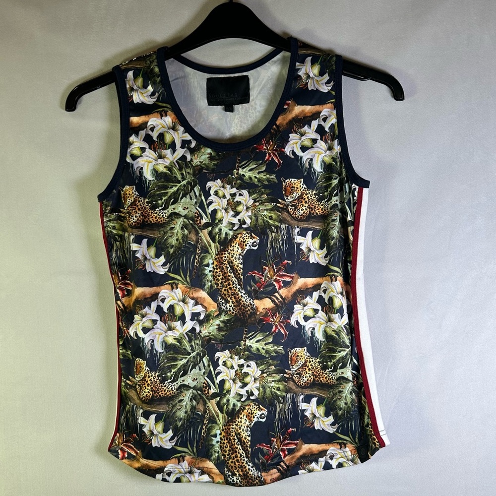 Kids Soulstar Tank Top Leopard, Floral Lilies Print, Side Stripes. Size 11/12.